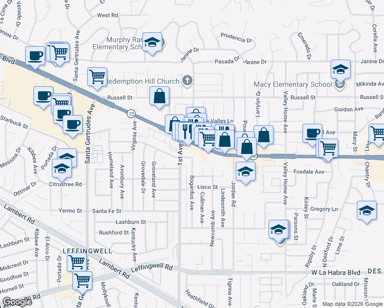 map of restaurants, bars, coffee shops, grocery stores, and more near 16244 Whittier Boulevard in Whittier