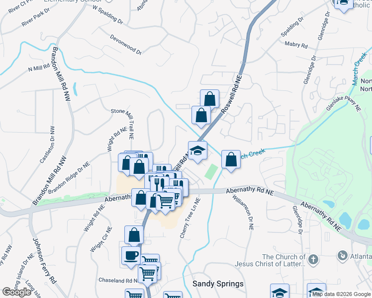 map of restaurants, bars, coffee shops, grocery stores, and more near 6700 Roswell Road in Sandy Springs