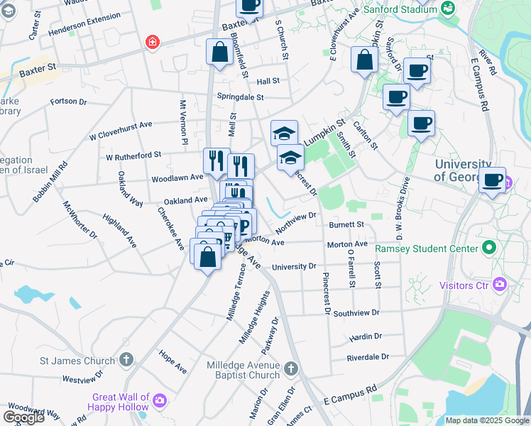 map of restaurants, bars, coffee shops, grocery stores, and more near 179 Woodrow Street in Athens