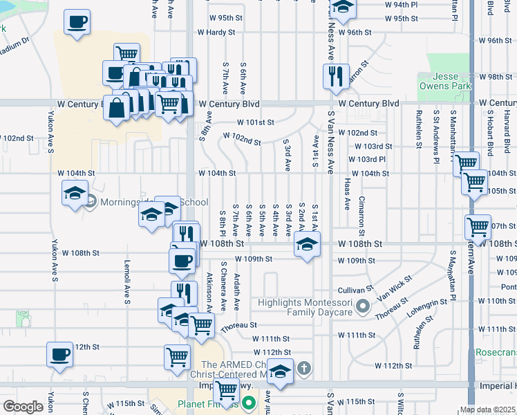 map of restaurants, bars, coffee shops, grocery stores, and more near 10525 South 5th Avenue in Inglewood