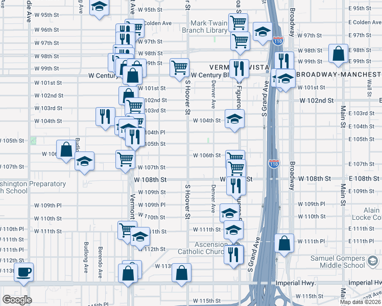 map of restaurants, bars, coffee shops, grocery stores, and more near 655 West 106th Street in Los Angeles