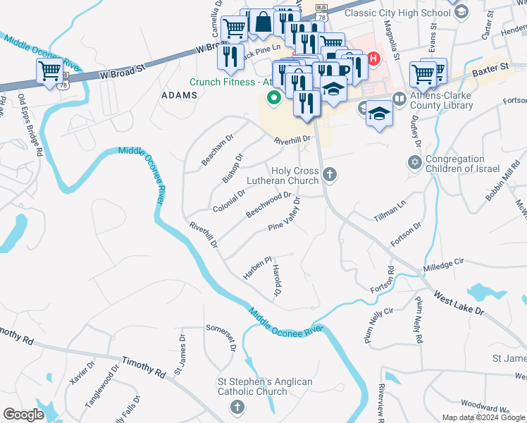 map of restaurants, bars, coffee shops, grocery stores, and more near 331 Beechwood Drive in Athens