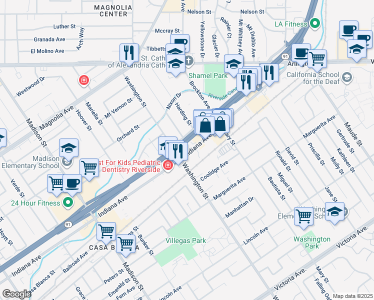 map of restaurants, bars, coffee shops, grocery stores, and more near 7035 Indiana Avenue in Riverside