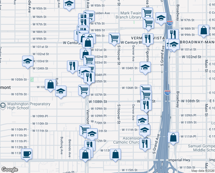 map of restaurants, bars, coffee shops, grocery stores, and more near 745 West 106th Street in Los Angeles