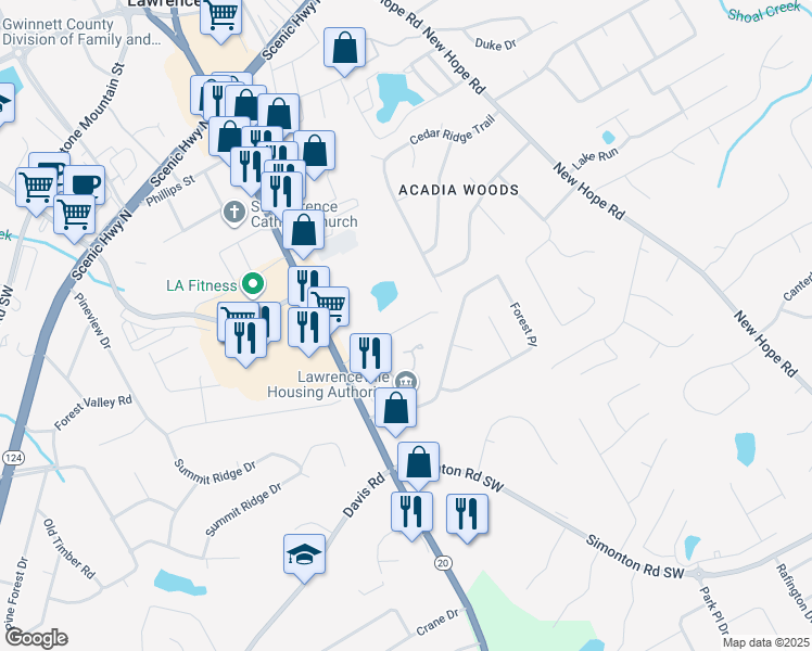 map of restaurants, bars, coffee shops, grocery stores, and more near 165 Kubol Drive in Lawrenceville