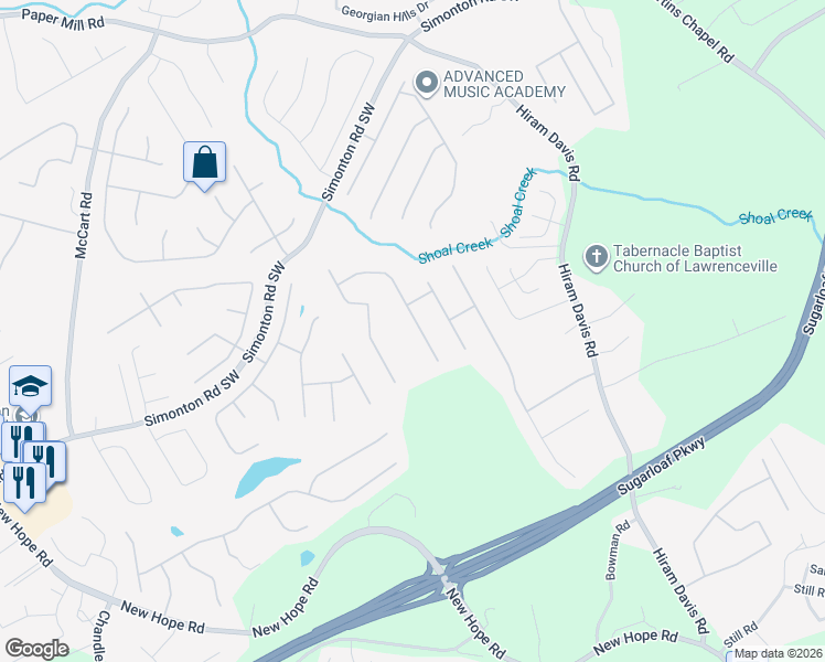 map of restaurants, bars, coffee shops, grocery stores, and more near 1945 Silverstone Drive in Lawrenceville