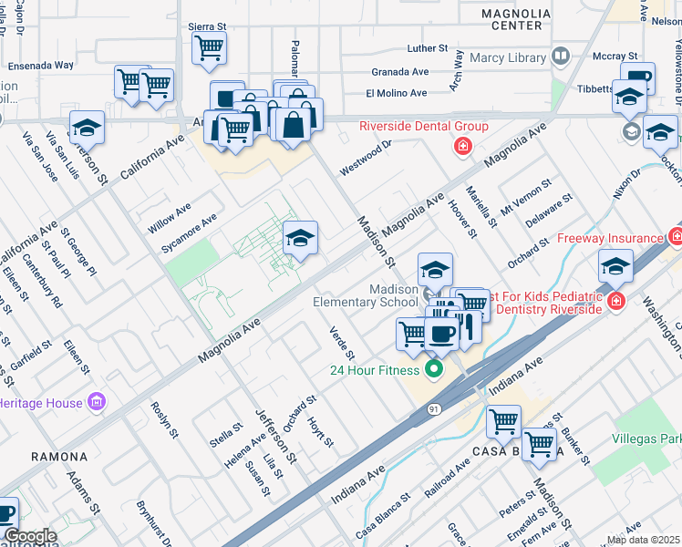 map of restaurants, bars, coffee shops, grocery stores, and more near 7594 Magnolia Avenue in Riverside