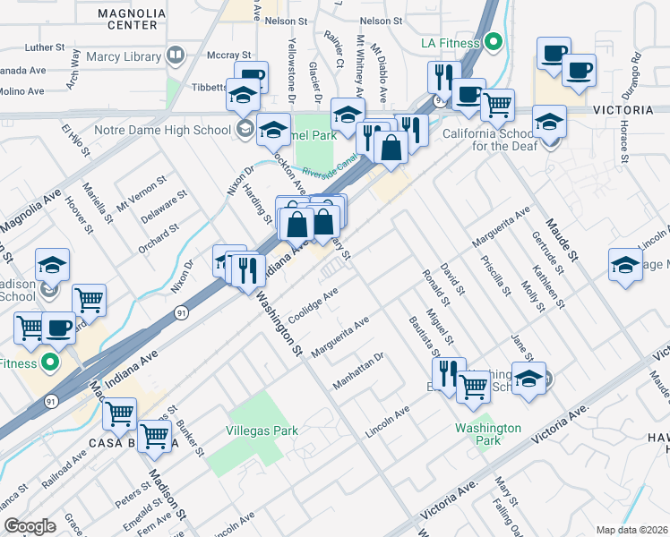 map of restaurants, bars, coffee shops, grocery stores, and more near 3248 Mary Street in Riverside