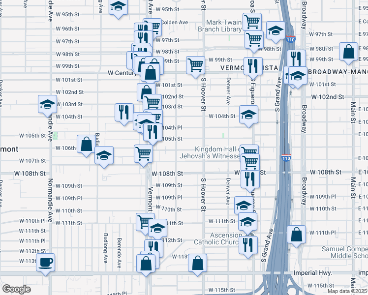 map of restaurants, bars, coffee shops, grocery stores, and more near 745 West 106th Street in Los Angeles