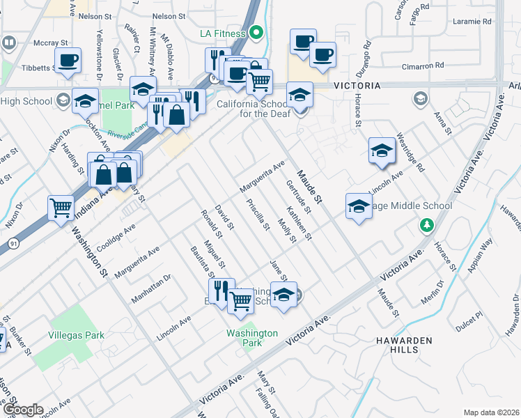 map of restaurants, bars, coffee shops, grocery stores, and more near 3055 Priscilla Street in Riverside