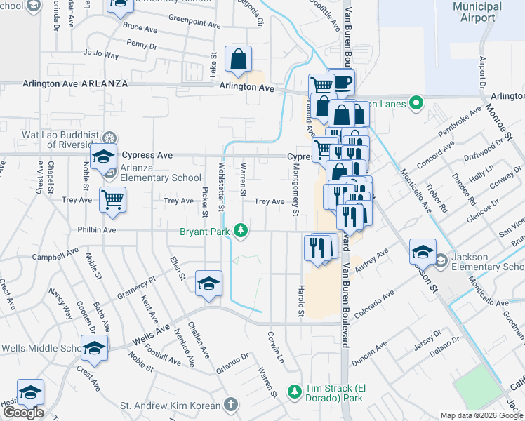 map of restaurants, bars, coffee shops, grocery stores, and more near 7910 Trey Avenue in Riverside