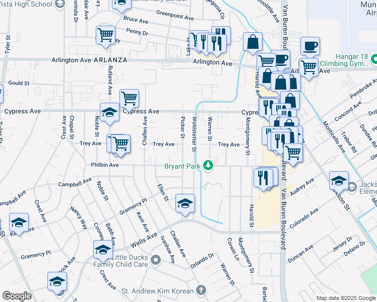 map of restaurants, bars, coffee shops, grocery stores, and more near 5831 Picker Street in Riverside