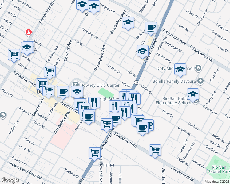 map of restaurants, bars, coffee shops, grocery stores, and more near 10728 Tristan Drive in Downey
