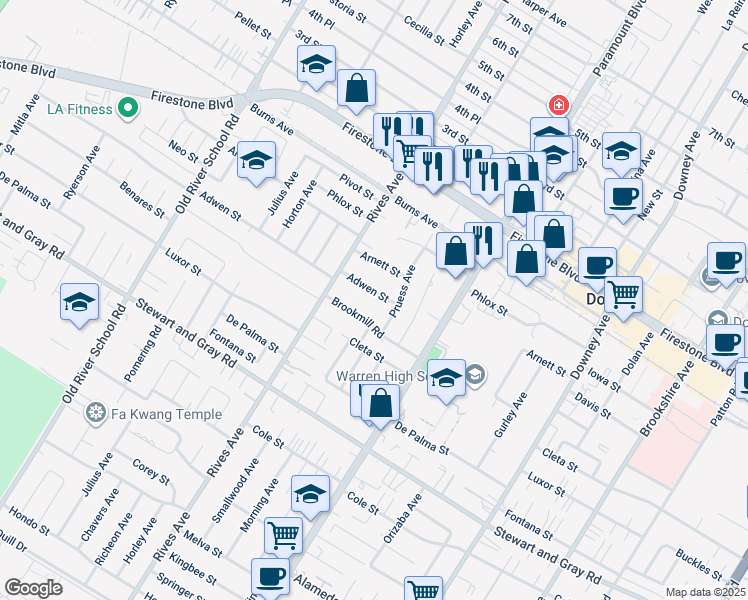 map of restaurants, bars, coffee shops, grocery stores, and more near 7859 Adwen Street in Downey