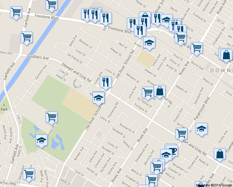 map of restaurants, bars, coffee shops, grocery stores, and more near in Downey