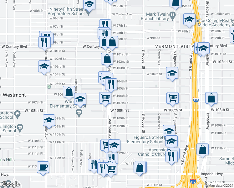 map of restaurants, bars, coffee shops, grocery stores, and more near 812 West 105th Street in Los Angeles
