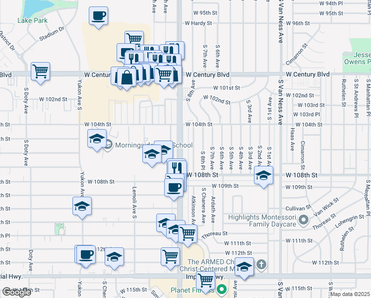 map of restaurants, bars, coffee shops, grocery stores, and more near 10518 Crenshaw Boulevard in Inglewood