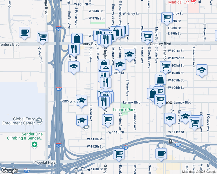 map of restaurants, bars, coffee shops, grocery stores, and more near 10517 Dalerose Avenue in Lennox