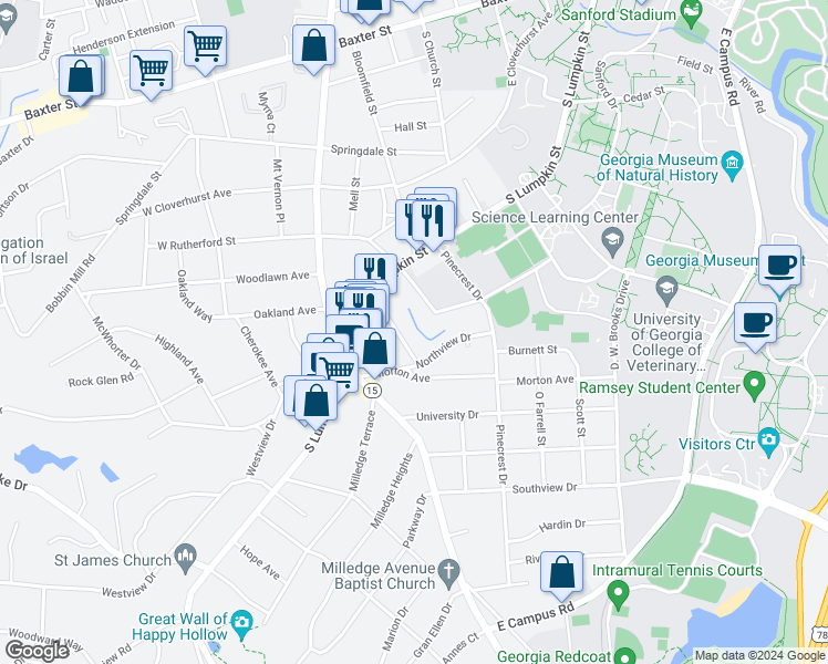 map of restaurants, bars, coffee shops, grocery stores, and more near 150 East Rutherford Street in Athens