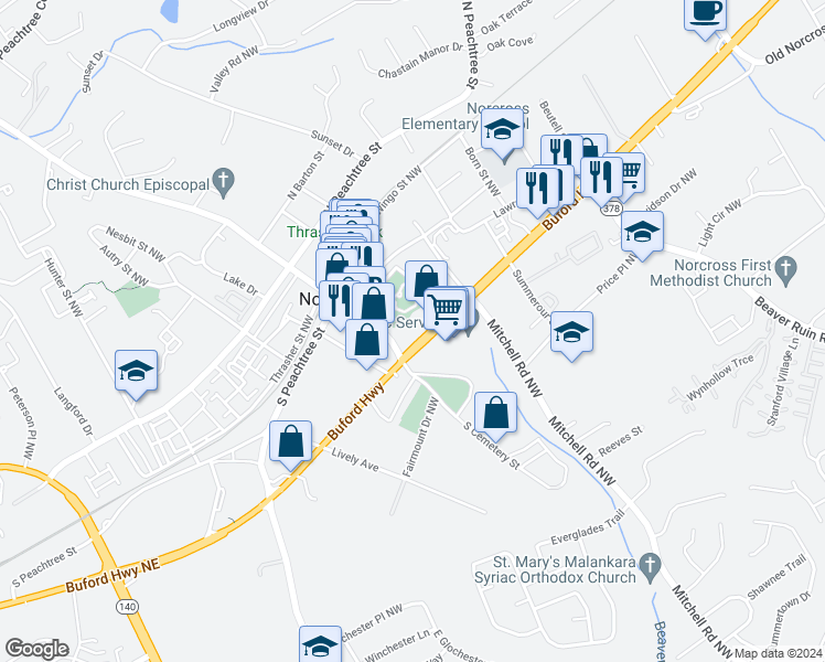 map of restaurants, bars, coffee shops, grocery stores, and more near in Norcross