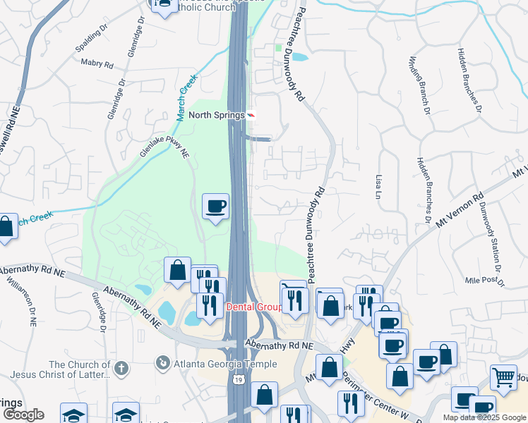 map of restaurants, bars, coffee shops, grocery stores, and more near 176 Peachtree Hollow Court Northeast in Atlanta