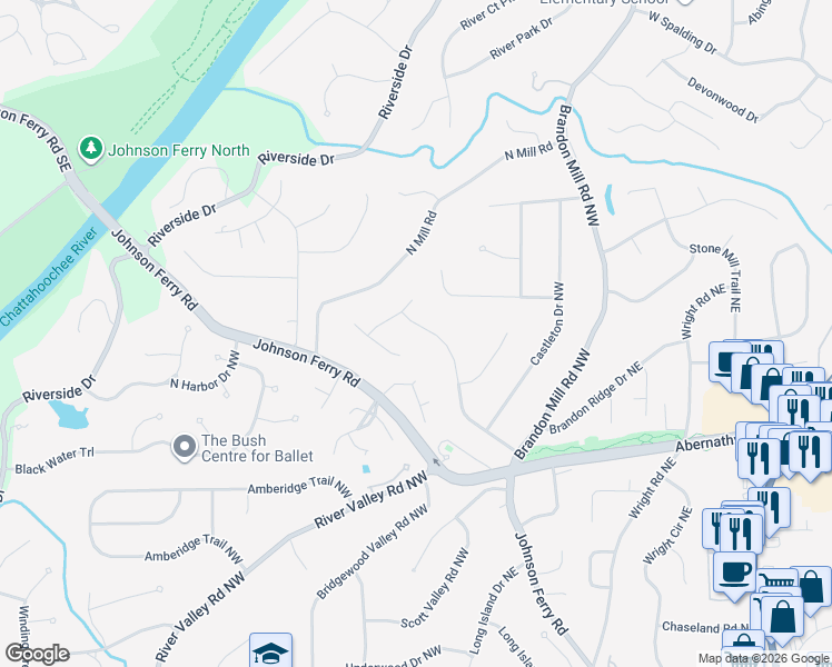map of restaurants, bars, coffee shops, grocery stores, and more near 245 River Springs Drive in Sandy Springs