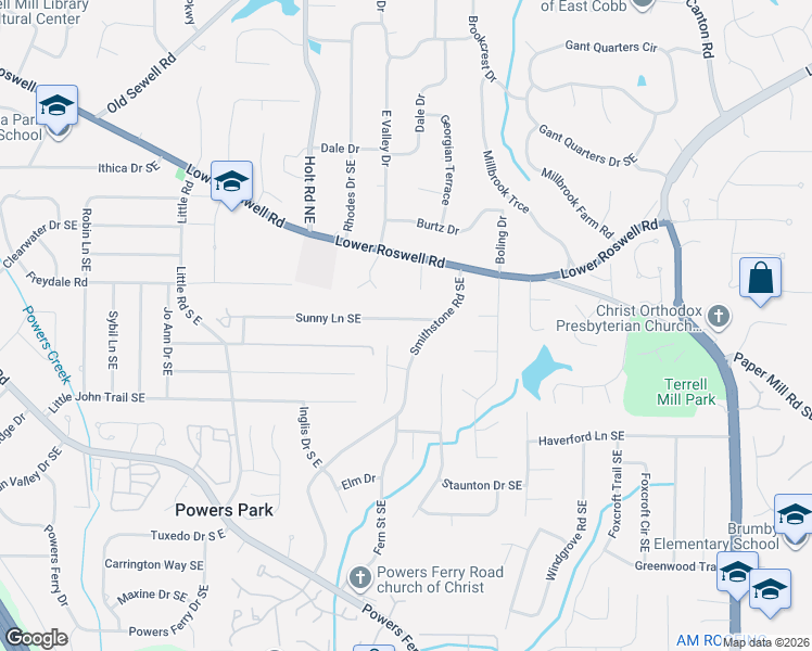 map of restaurants, bars, coffee shops, grocery stores, and more near 2711 Sunny Lane Southeast in Marietta