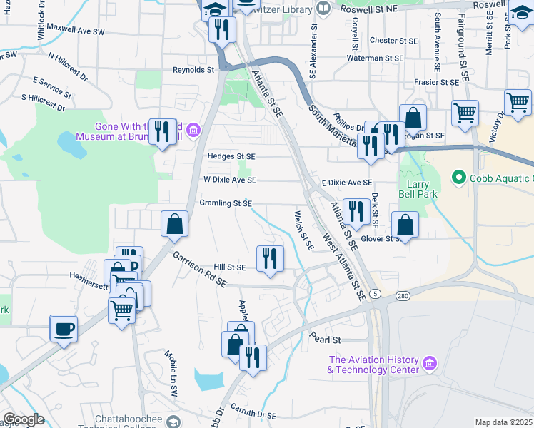 map of restaurants, bars, coffee shops, grocery stores, and more near 186 Gramling Street Southeast in Marietta