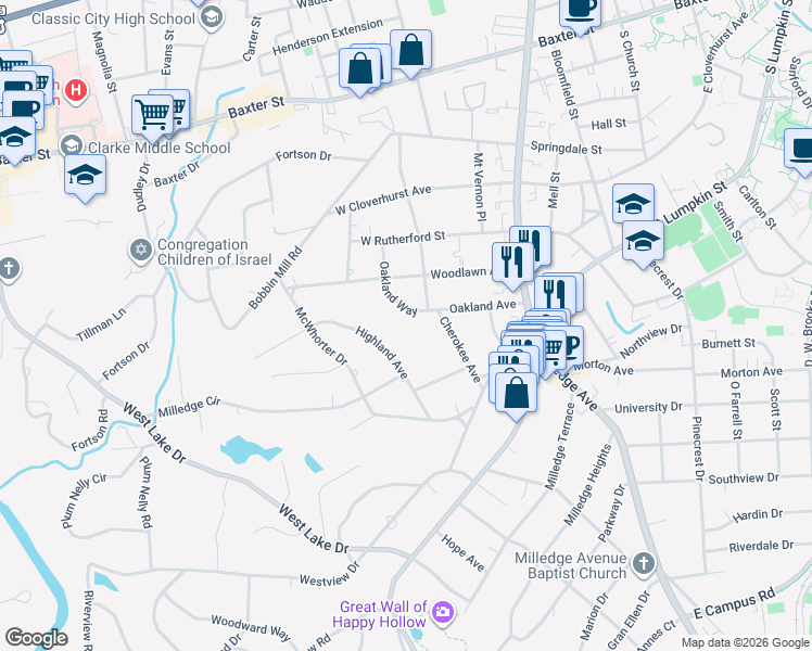 map of restaurants, bars, coffee shops, grocery stores, and more near 135 Oakland Way in Athens