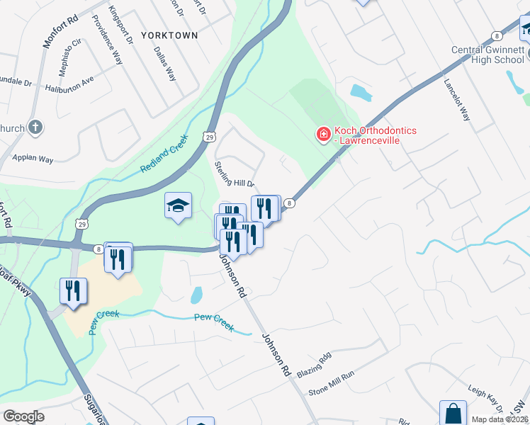 map of restaurants, bars, coffee shops, grocery stores, and more near 320 Sterling Hill Drive in Lawrenceville