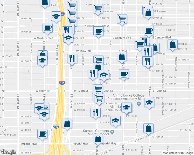 map of restaurants, bars, coffee shops, grocery stores, and more near 10603 Main Street in Los Angeles