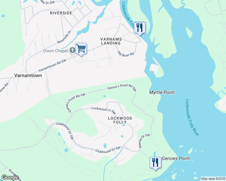 map of restaurants, bars, coffee shops, grocery stores, and more near 375-383 Genoe's Point Rd SW in Brunswick
