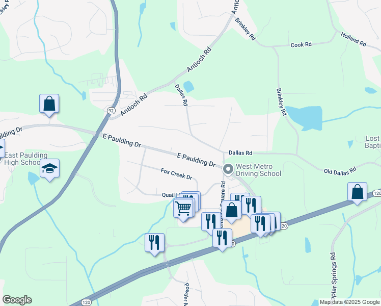 map of restaurants, bars, coffee shops, grocery stores, and more near 4387 East Paulding Drive in Dallas