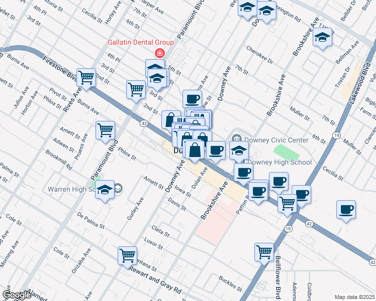 map of restaurants, bars, coffee shops, grocery stores, and more near 11010 Studebaker Road in Downey