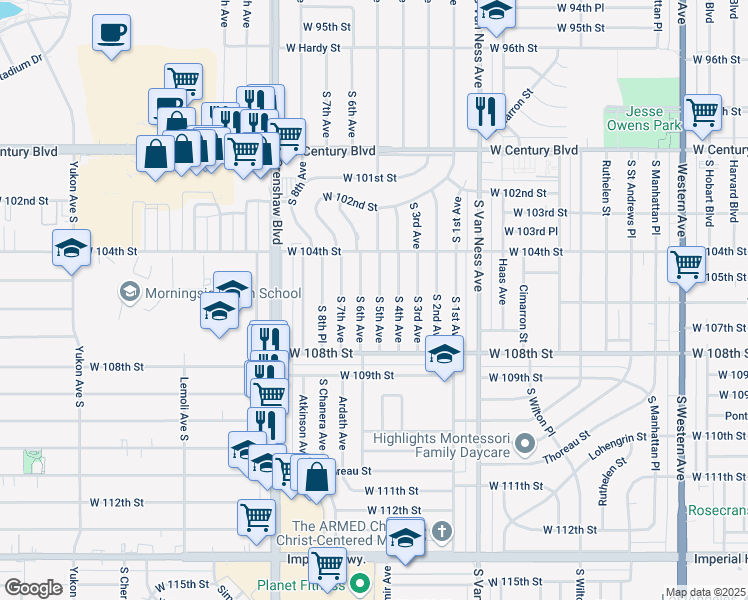 map of restaurants, bars, coffee shops, grocery stores, and more near 10525 South 5th Avenue in Inglewood