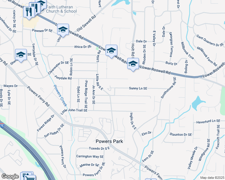 map of restaurants, bars, coffee shops, grocery stores, and more near 2497 Sunny Lane Southeast in Marietta