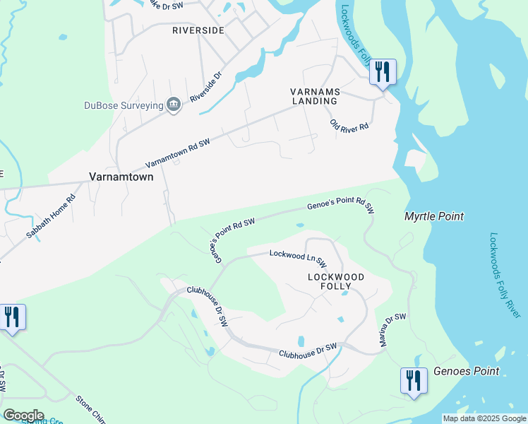 map of restaurants, bars, coffee shops, grocery stores, and more near 454 Genoe's Point Road Southwest in Brunswick County