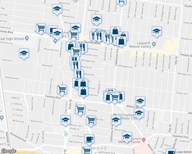 map of restaurants, bars, coffee shops, grocery stores, and more near 3344 Cherokee Avenue in South Gate