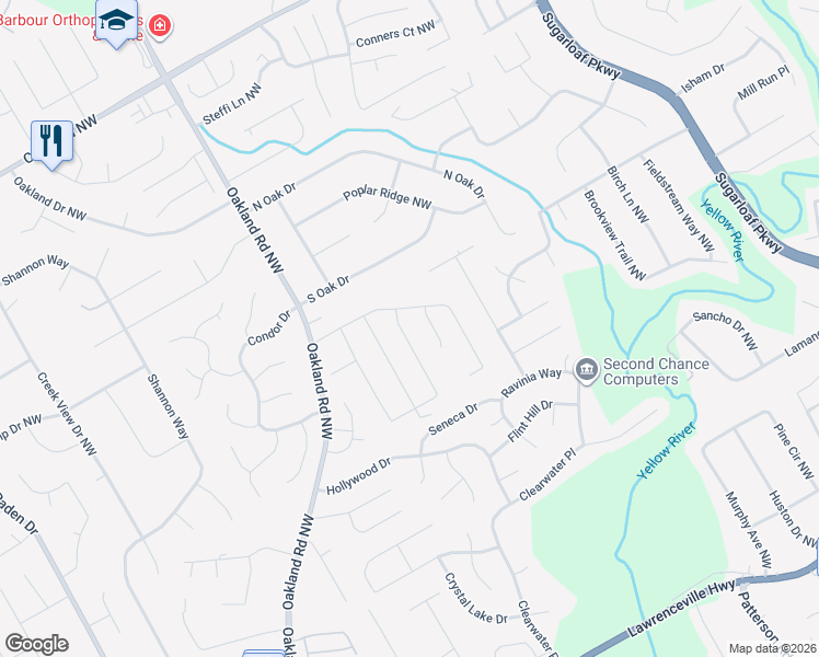 map of restaurants, bars, coffee shops, grocery stores, and more near 200 Pebble Chase Lane in Lawrenceville