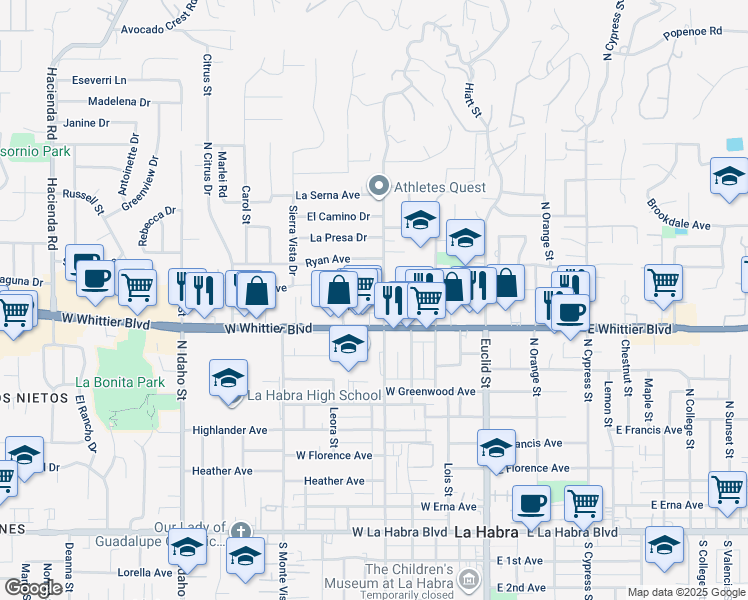 map of restaurants, bars, coffee shops, grocery stores, and more near 911 North Walnut Street in La Habra