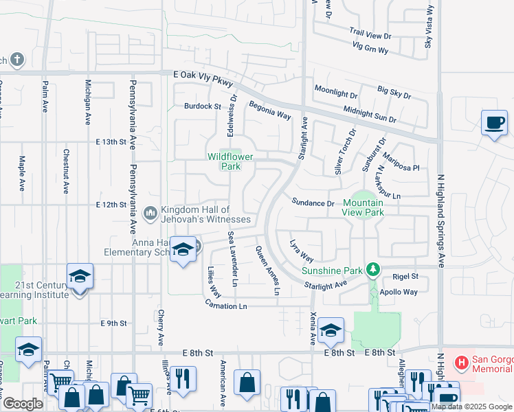 map of restaurants, bars, coffee shops, grocery stores, and more near 1189 Burgundy Rose Way in Beaumont