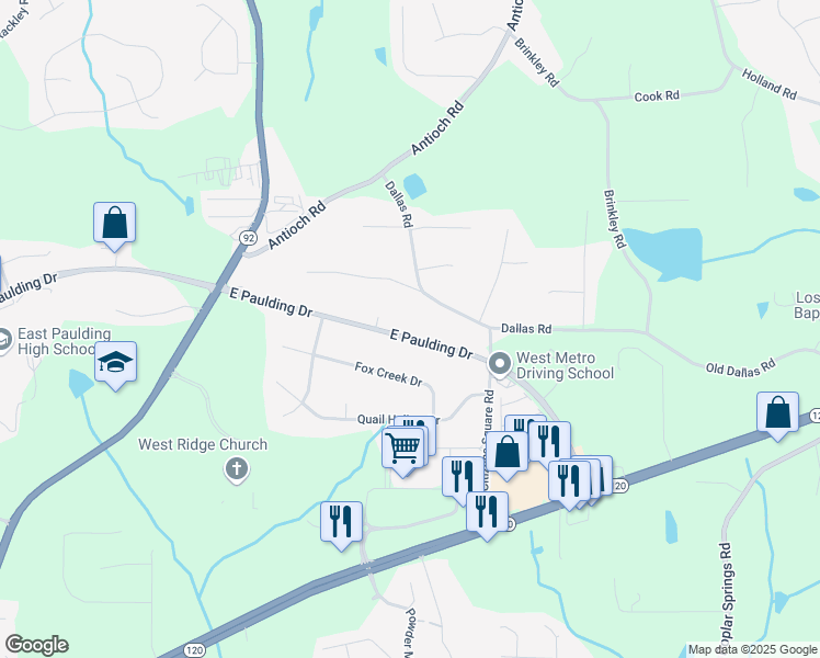 map of restaurants, bars, coffee shops, grocery stores, and more near 4355 East Paulding Drive in Dallas