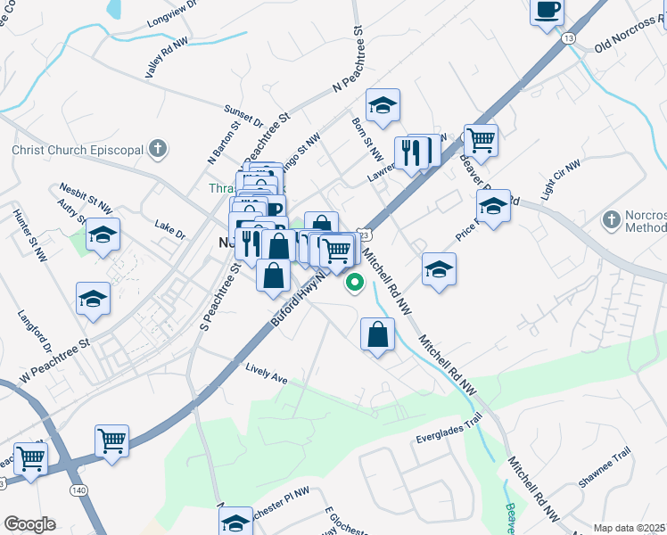 map of restaurants, bars, coffee shops, grocery stores, and more near in Norcross