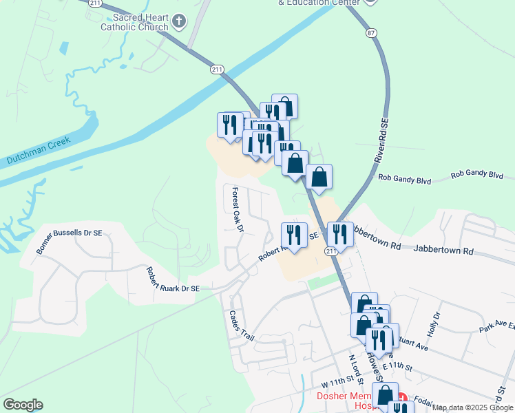 map of restaurants, bars, coffee shops, grocery stores, and more near 3107 Spring Oak Lane in Southport