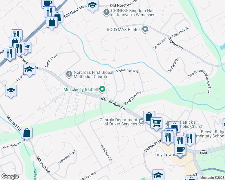 map of restaurants, bars, coffee shops, grocery stores, and more near 2340 Beaver Ruin Road in Norcross