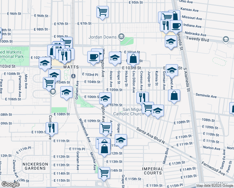 map of restaurants, bars, coffee shops, grocery stores, and more near 1964 East 105th Street in Los Angeles