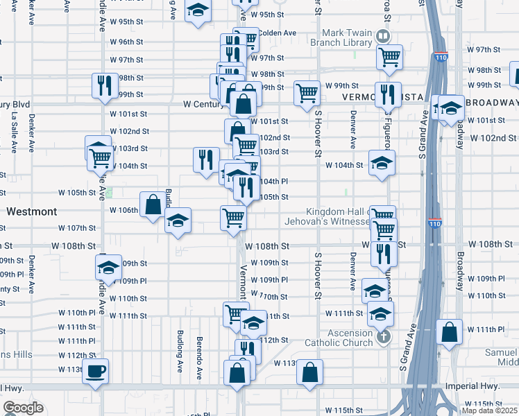 map of restaurants, bars, coffee shops, grocery stores, and more near 812 West 105th Street in Los Angeles