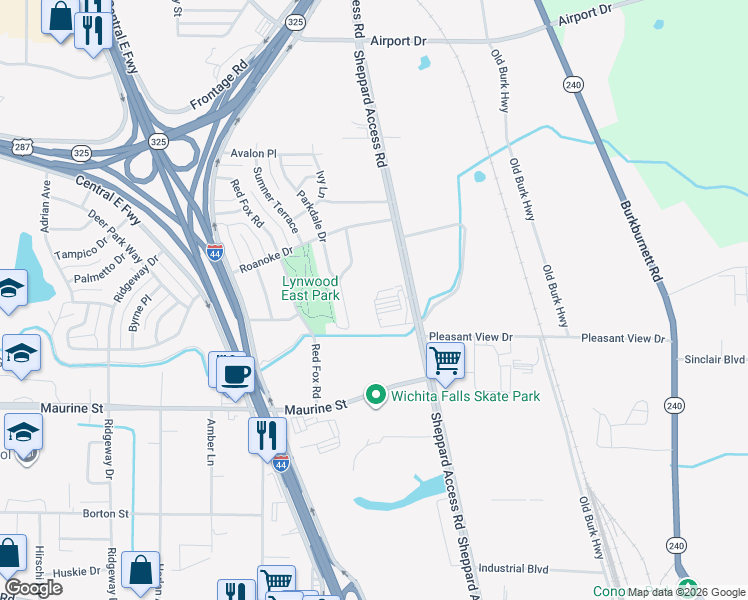 map of restaurants, bars, coffee shops, grocery stores, and more near 2216 Sheppard Access Road in Wichita Falls
