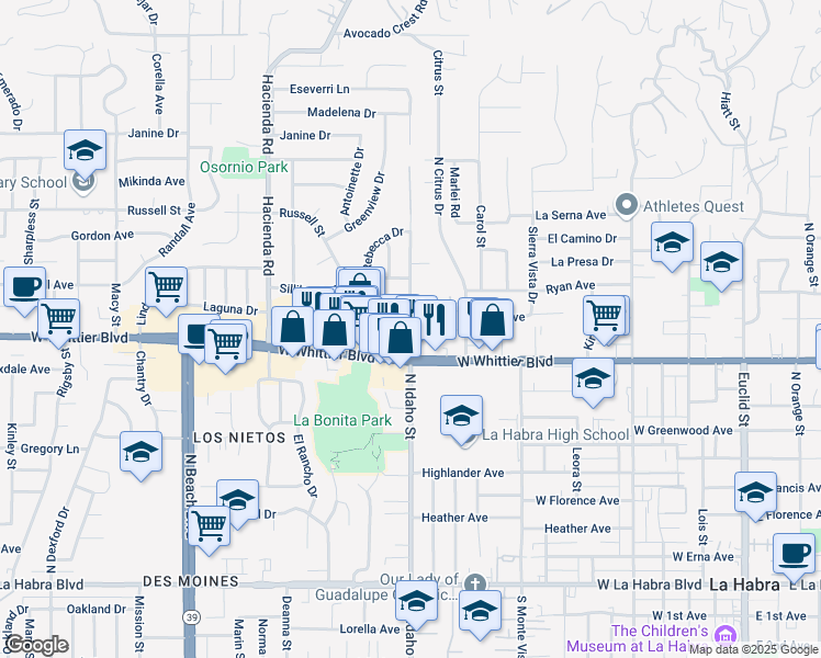 map of restaurants, bars, coffee shops, grocery stores, and more near 951 Idaho Street in La Habra