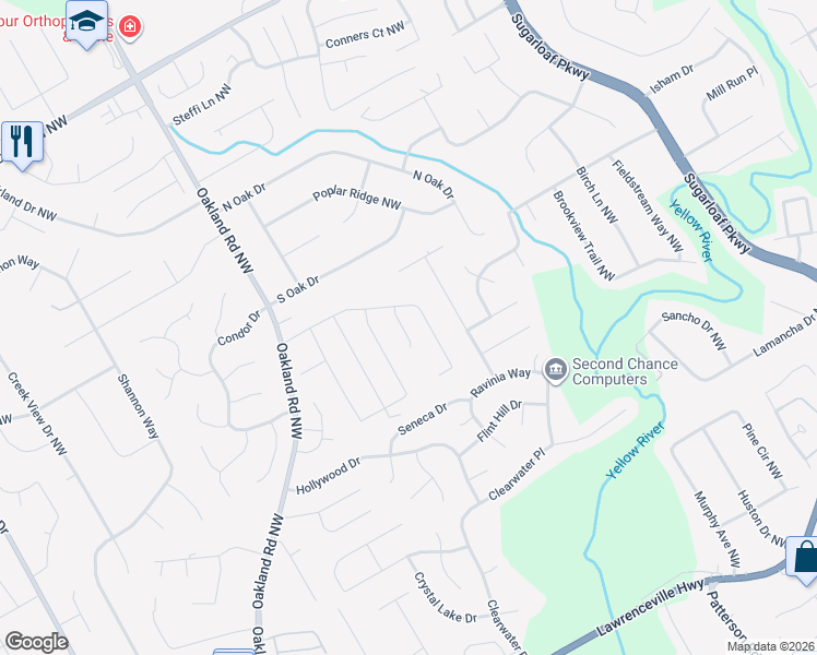 map of restaurants, bars, coffee shops, grocery stores, and more near 579 Granite Court Northwest in Lawrenceville